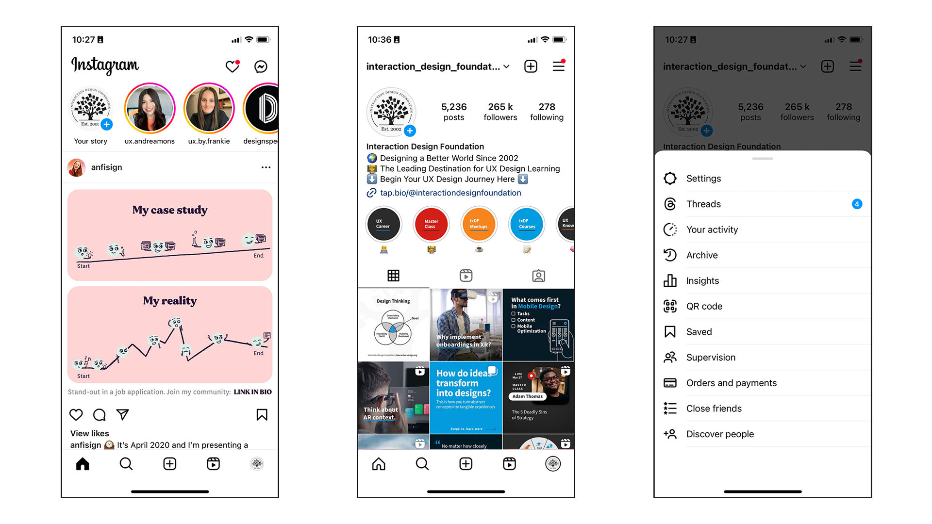 Three screens from the Instagram mobile application. Screen one shows the home screen, screen two shows the user's profile page and screen three shows the additional features menu.